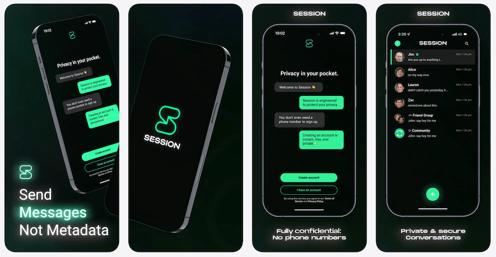 Session iPhone app screenshot showing a metadata-resistant encrypted messaging conversation with no phone number required