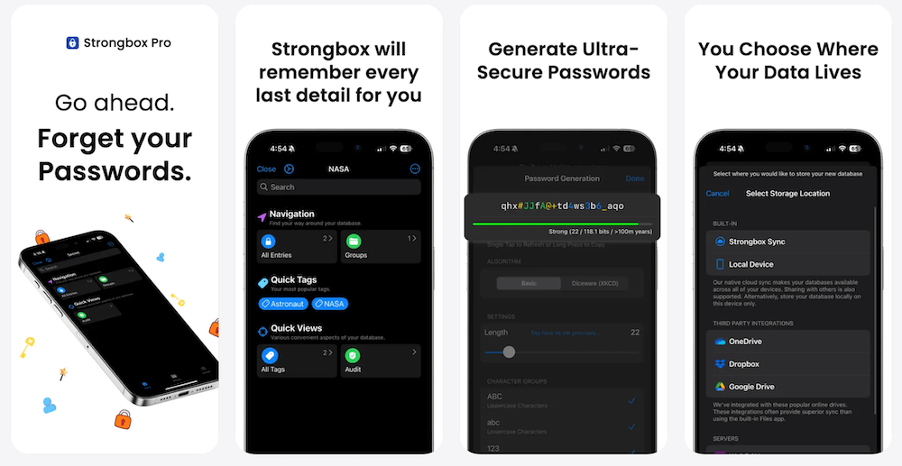 Strongbox iPhone app screenshot showing a KeePass encrypted password vault stored locally on device