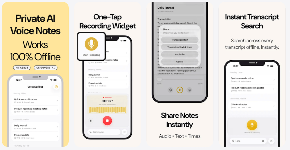 VoiceScriber iPhone app screenshot showing on-device voice transcription working offline in airplane mode