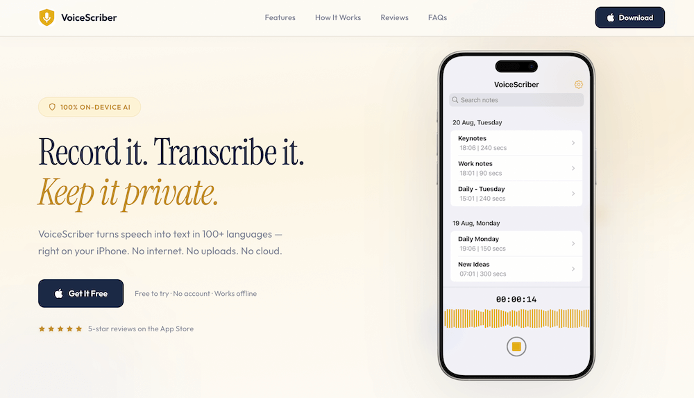 VoiceScriber app interface on iPhone showing offline transcription