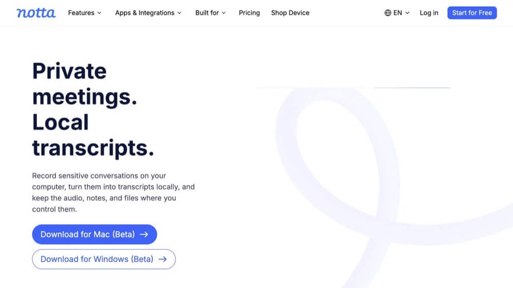 Notta official desktop Privacy Mode page showing local transcription