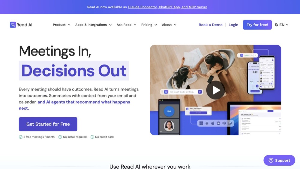 Read AI official website showing meeting capture and report interfaces