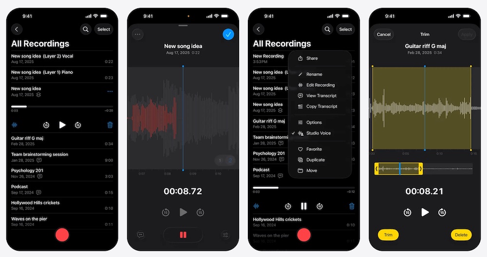 Apple Voice Memos screens on iPhone, including View Transcript in the More menu