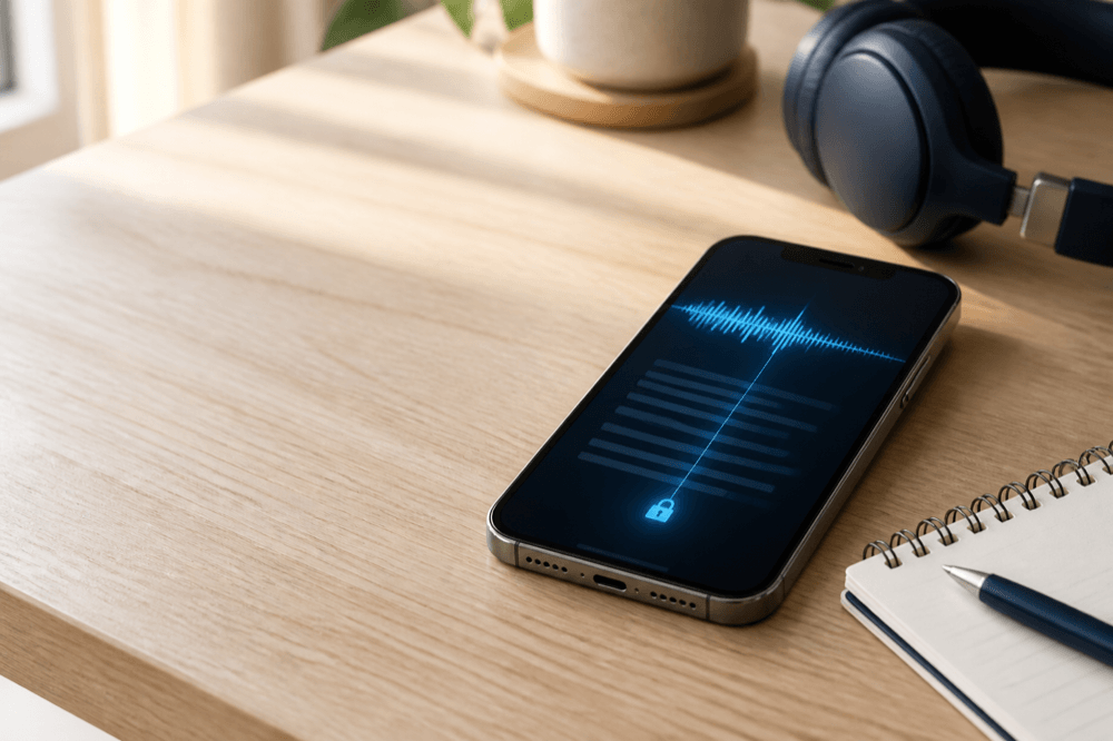 iPhone Voice Memo ready for offline transcription on a desk