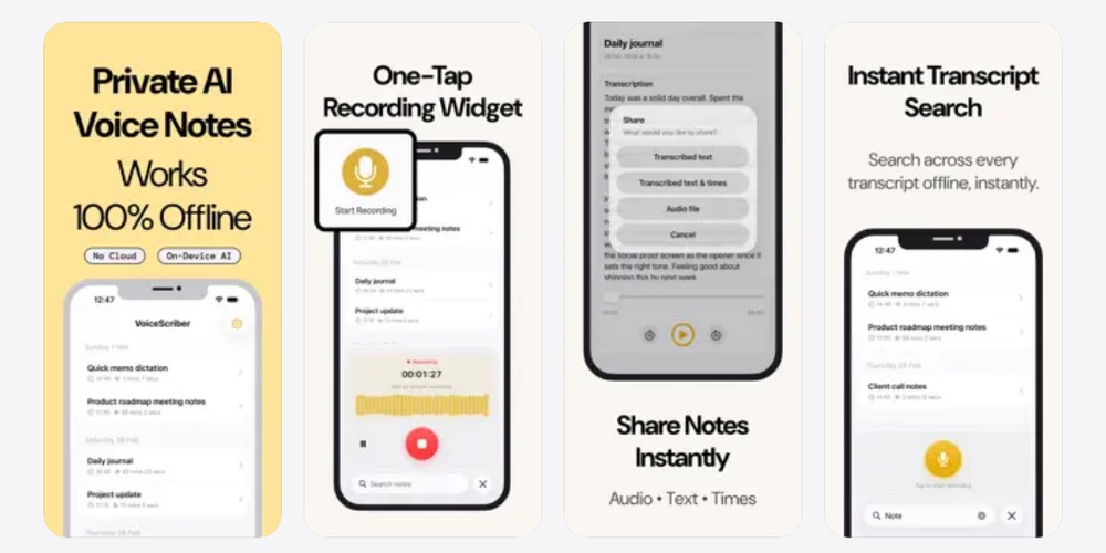 VoiceScriber App Store preview strip with iPhone screens for recording, transcription, sharing, and search