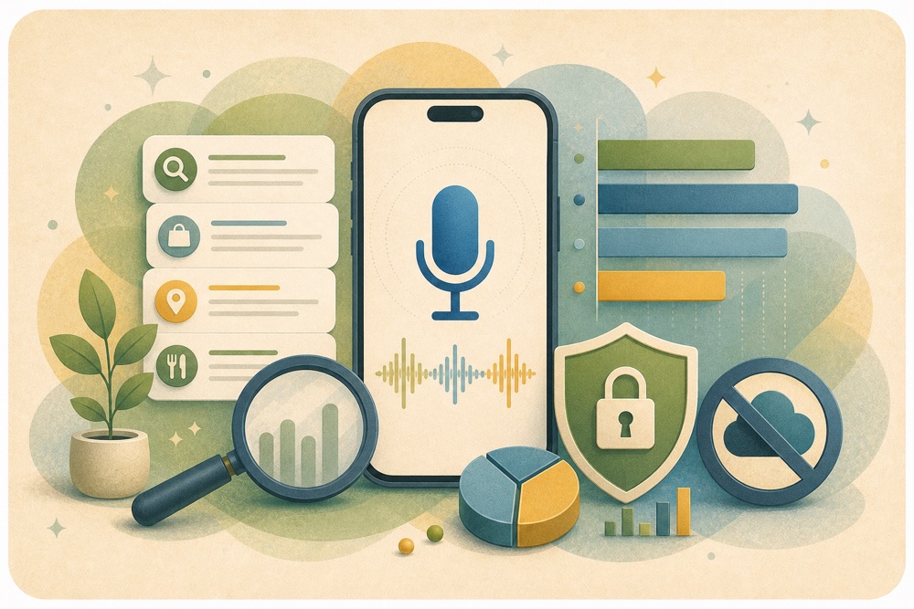 Voice-to-text search research illustrated with an iPhone microphone, bar charts, privacy shield, and offline cloud symbol