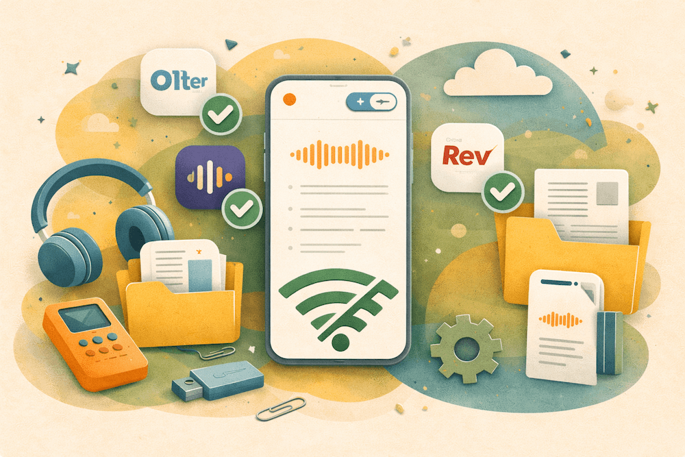 Comparison chart showing which transcription apps work in Airplane Mode: VoiceScriber and Apple Dictation pass; Otter, Fireflies, and Rev are partial; Wispr Flow and Notta fail.