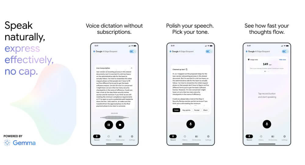 Google AI Edge Eloquent App Store previews showing standalone dictation, text polishing and speech tracking