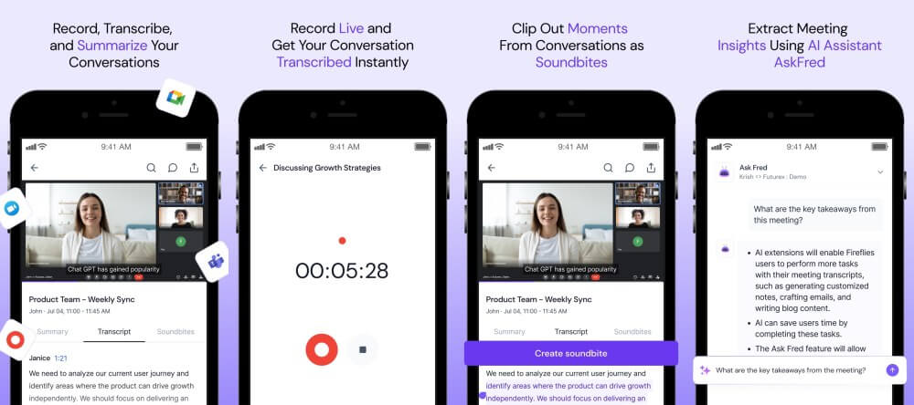 Fireflies App Store phone previews showing meeting recording, transcripts, soundbites and AskFred insights