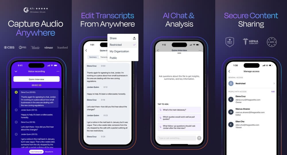 Rev App Store phone previews showing audio capture, transcript editing, AI chat and controlled sharing