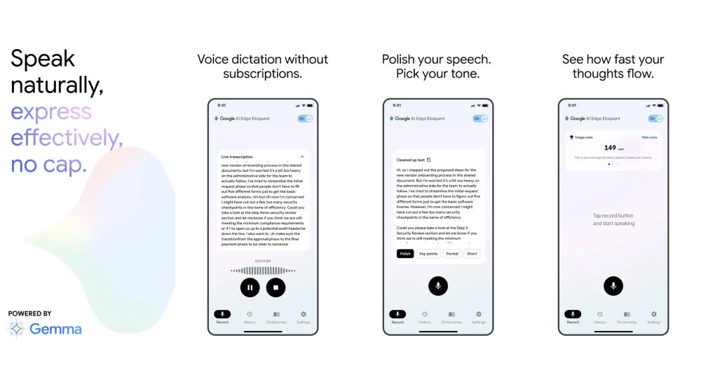 Google AI Edge Eloquent App Store phone previews showing local AI dictation on iPhone