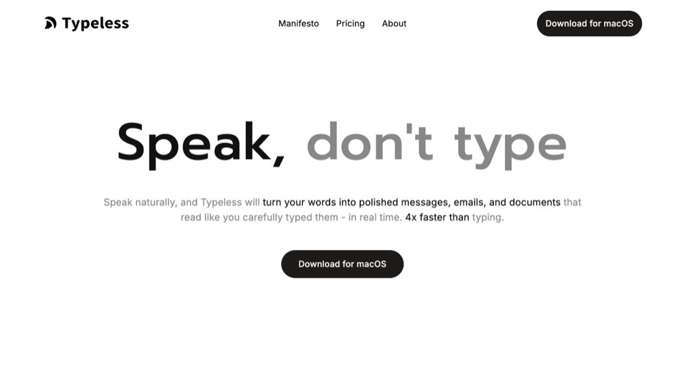 Typeless official product page showing cross-app AI voice dictation