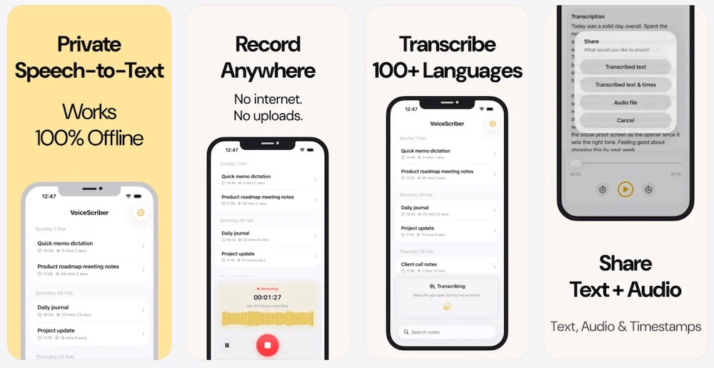 VoiceScriber App Store phone previews showing private offline recording, transcription and sharing on iPhone