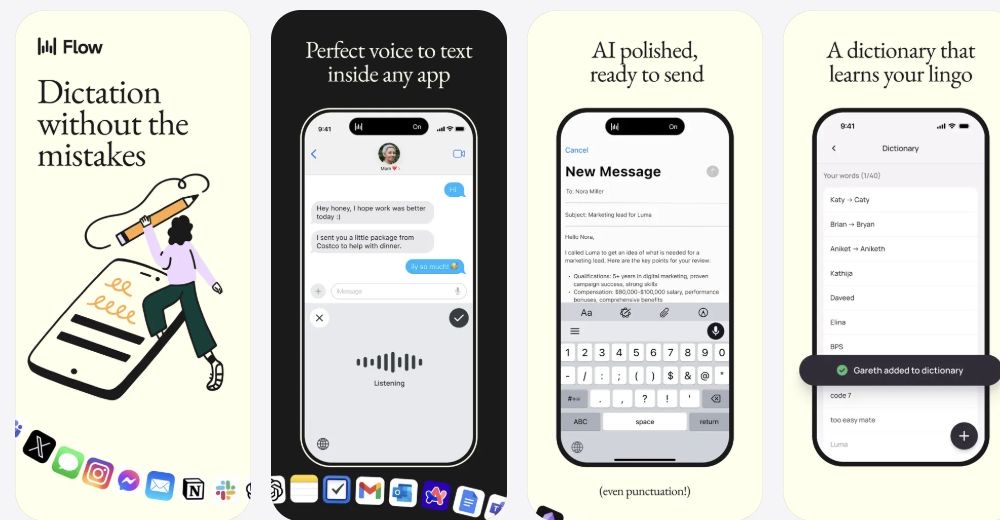 Wispr Flow screenshots showing cross-app AI dictation, polished text and personal dictionary features