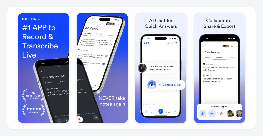Otter.ai iPhone App Store screenshots showing live recording and transcription, meeting summaries, AI chat, collaboration, and sharing