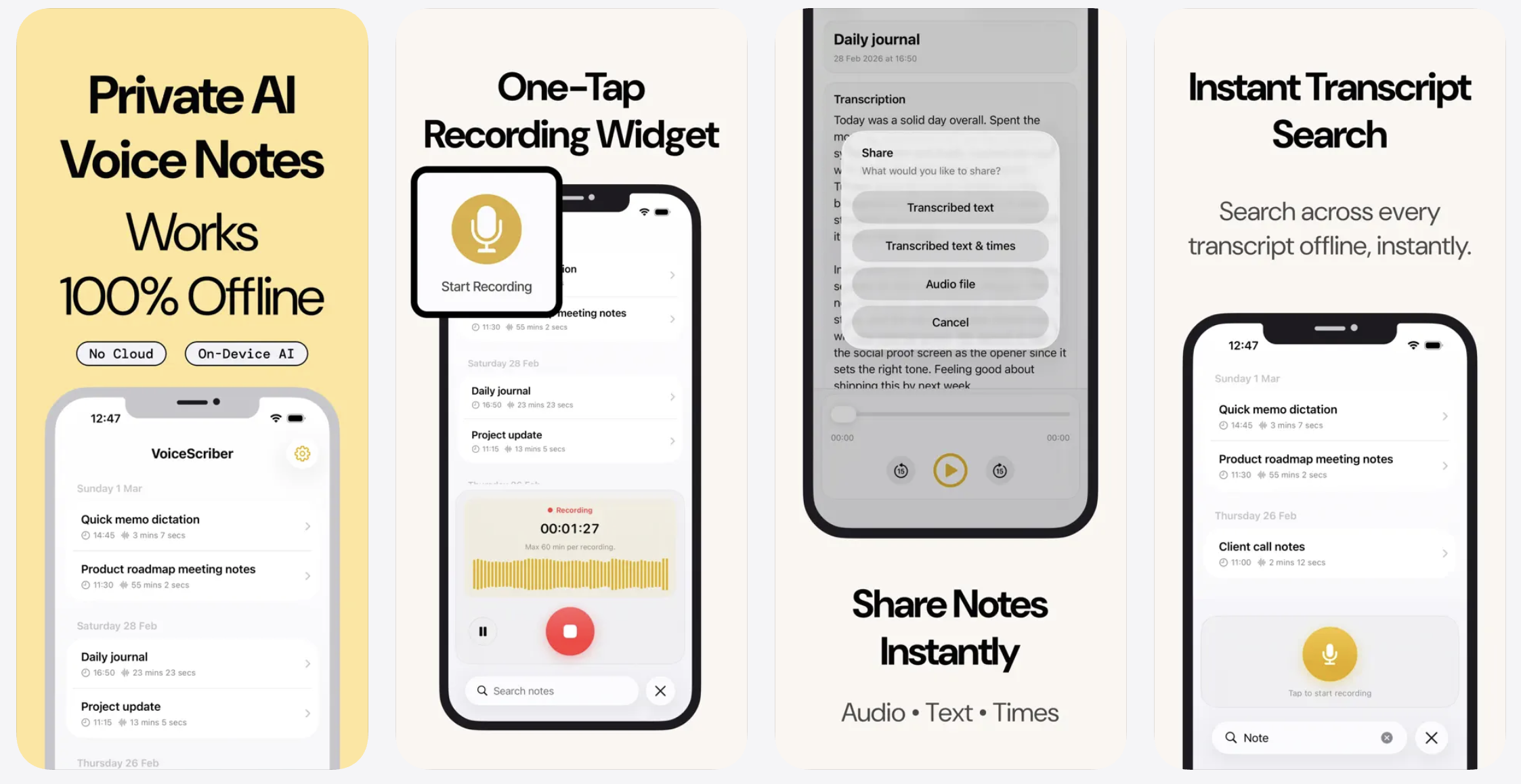 VoiceScriber iPhone App Store screenshots showing private AI voice notes, 100 percent offline transcription, one-tap recording widget, instant sharing, and offline transcript search
