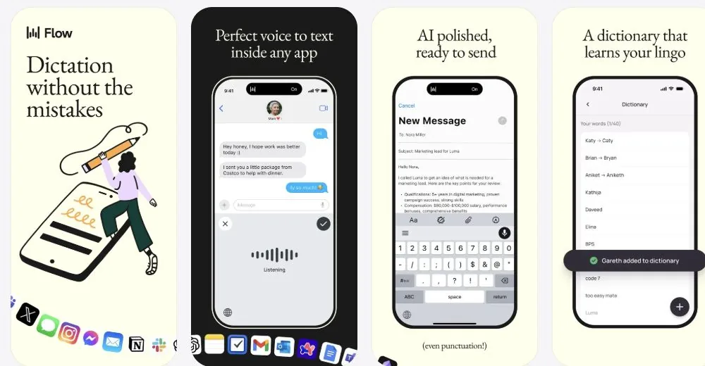 Wispr Flow iPhone App Store screenshots showing cross-app dictation, voice-to-text, AI message polishing, and personal dictionary features
