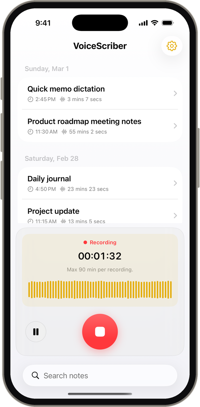 VoiceScriber iPhone app recording a voice note offline