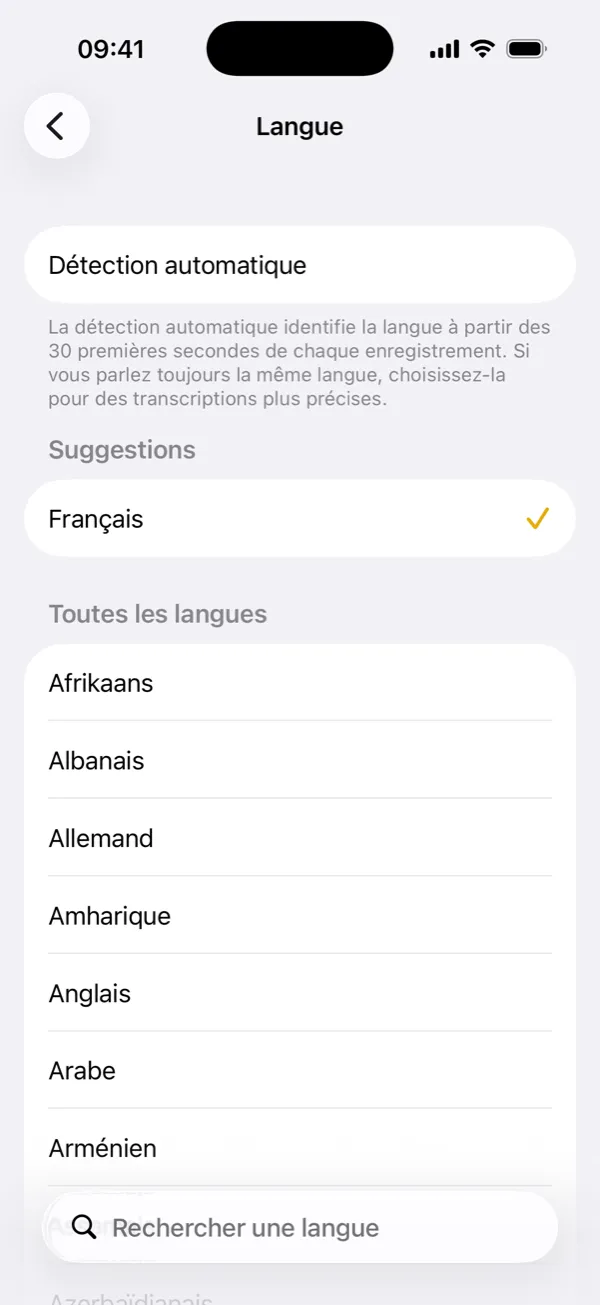Choisir la langue de transcription ou la détection automatique