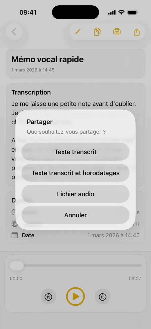 Partager la transcription, les horodatages ou l’enregistrement original