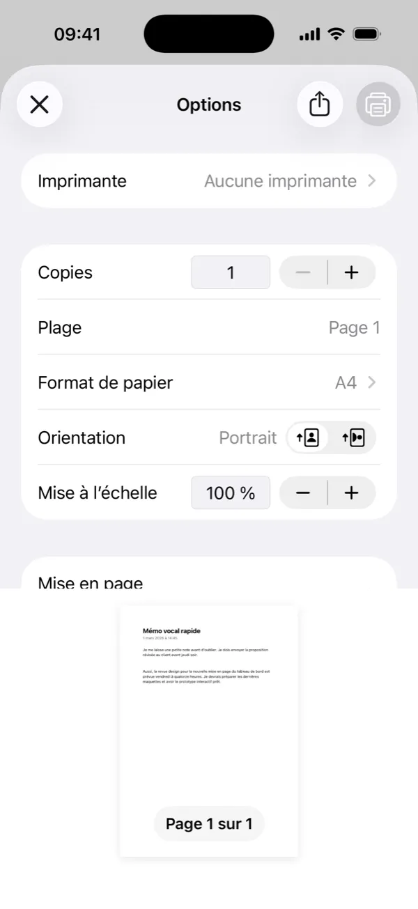Imprimer la transcription ou l’enregistrer en PDF