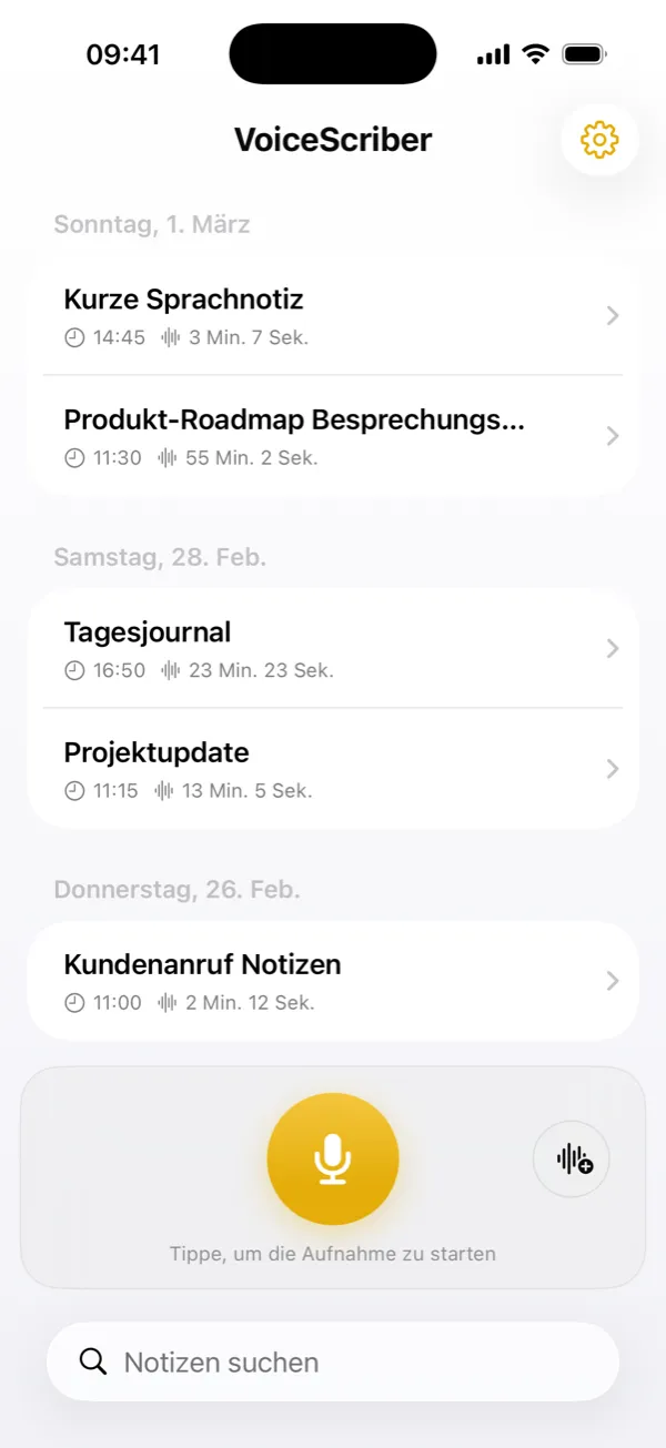 Startbildschirm mit Sprachnotizen, Dauer und Aufnahmetaste