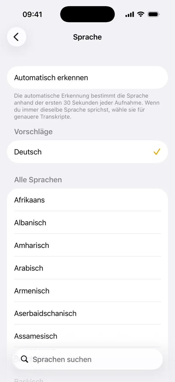 Transkriptionssprache wählen oder automatisch erkennen lassen