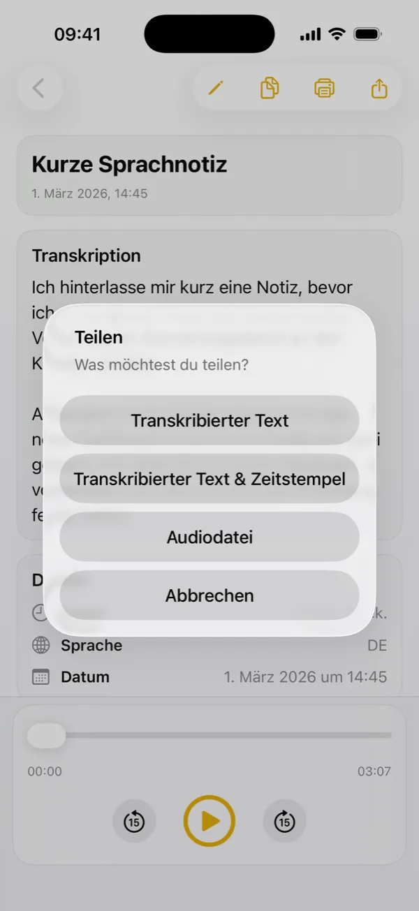 Transkript, Zeitstempel oder Originalaufnahme teilen