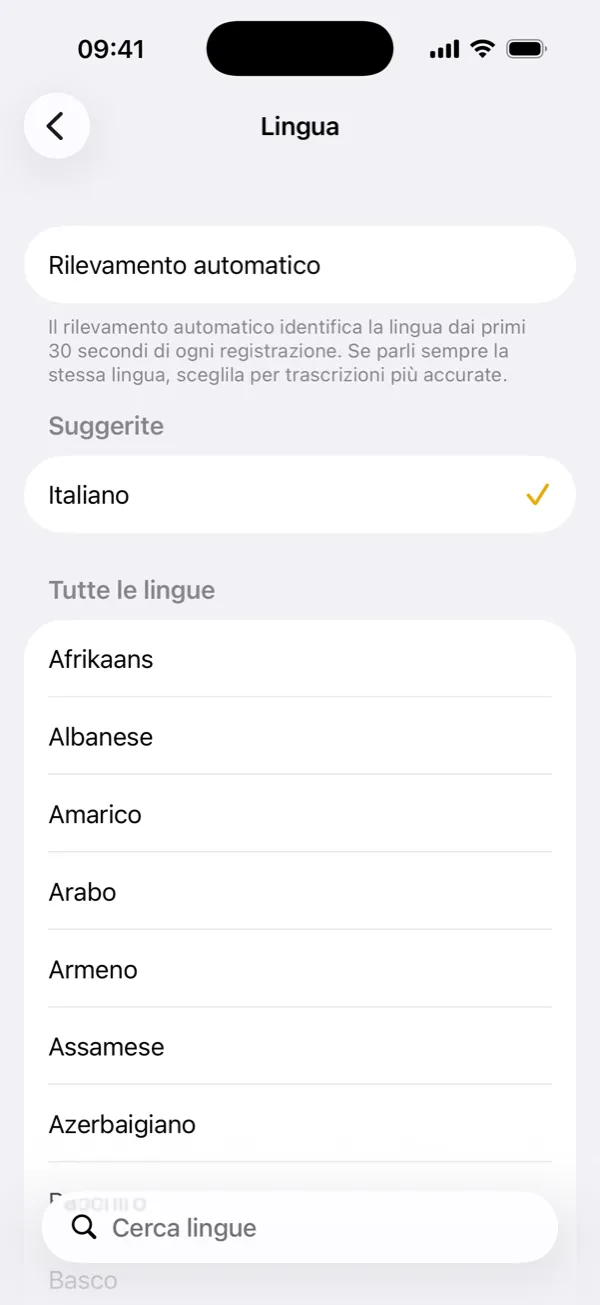 Scegli la lingua di trascrizione o il rilevamento automatico