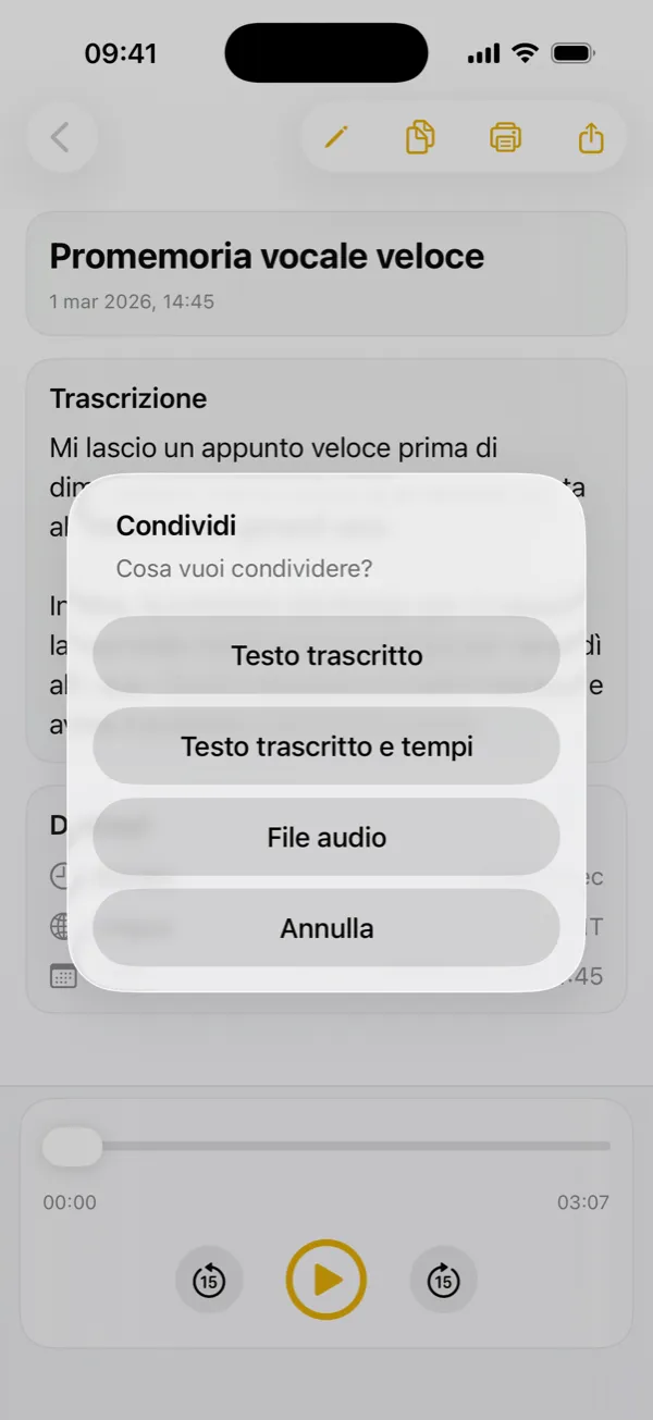 Condividi la trascrizione, i timestamp o la registrazione originale