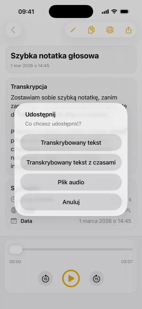 Udostępnianie transkrypcji, znaczników czasu lub oryginalnego nagrania