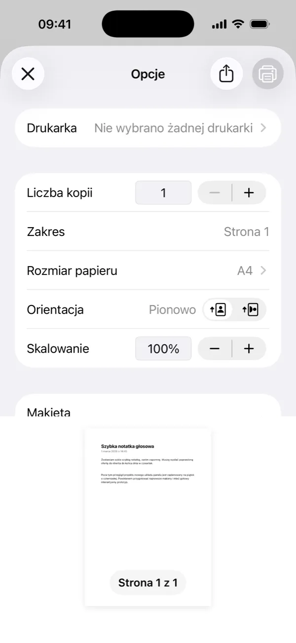 Drukowanie transkrypcji lub zapis do PDF