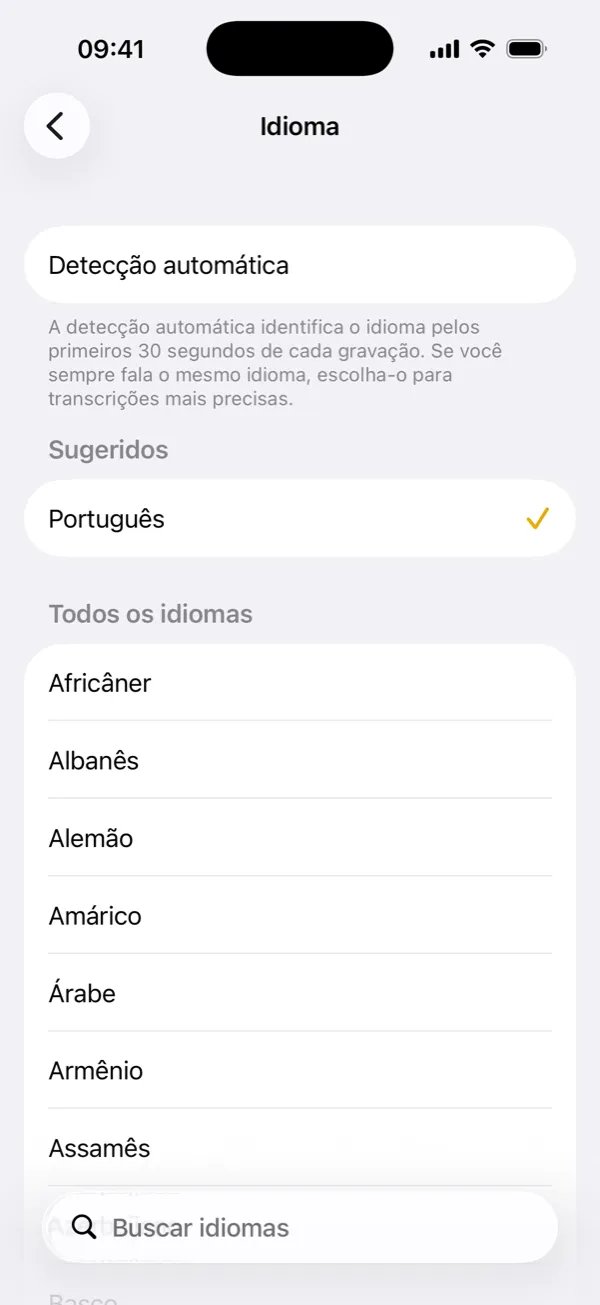 Escolher o idioma da transcrição ou usar a detecção automática