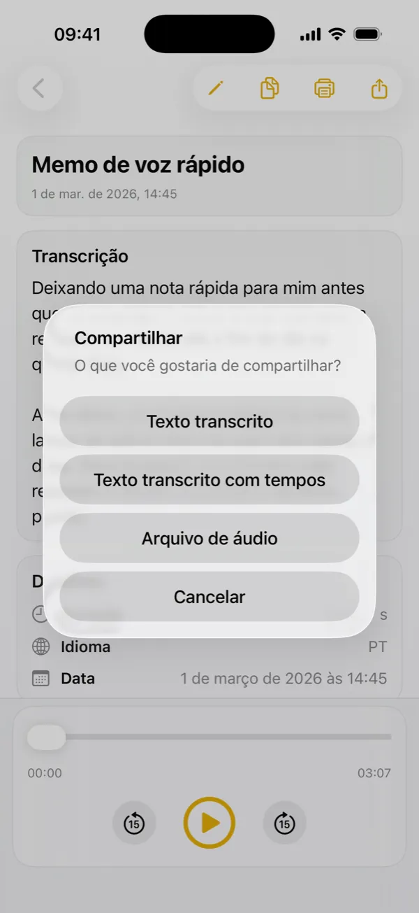 Compartilhar a transcrição, as marcações de tempo ou a gravação original