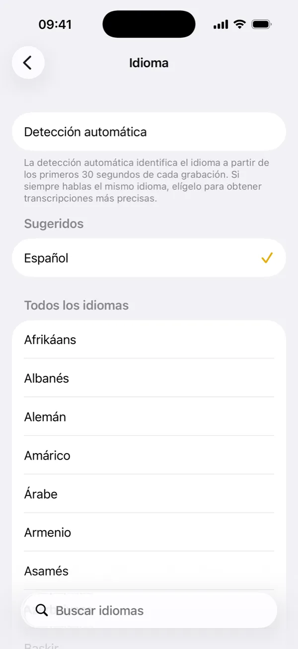 Elegir el idioma de transcripción o dejar que se detecte automáticamente