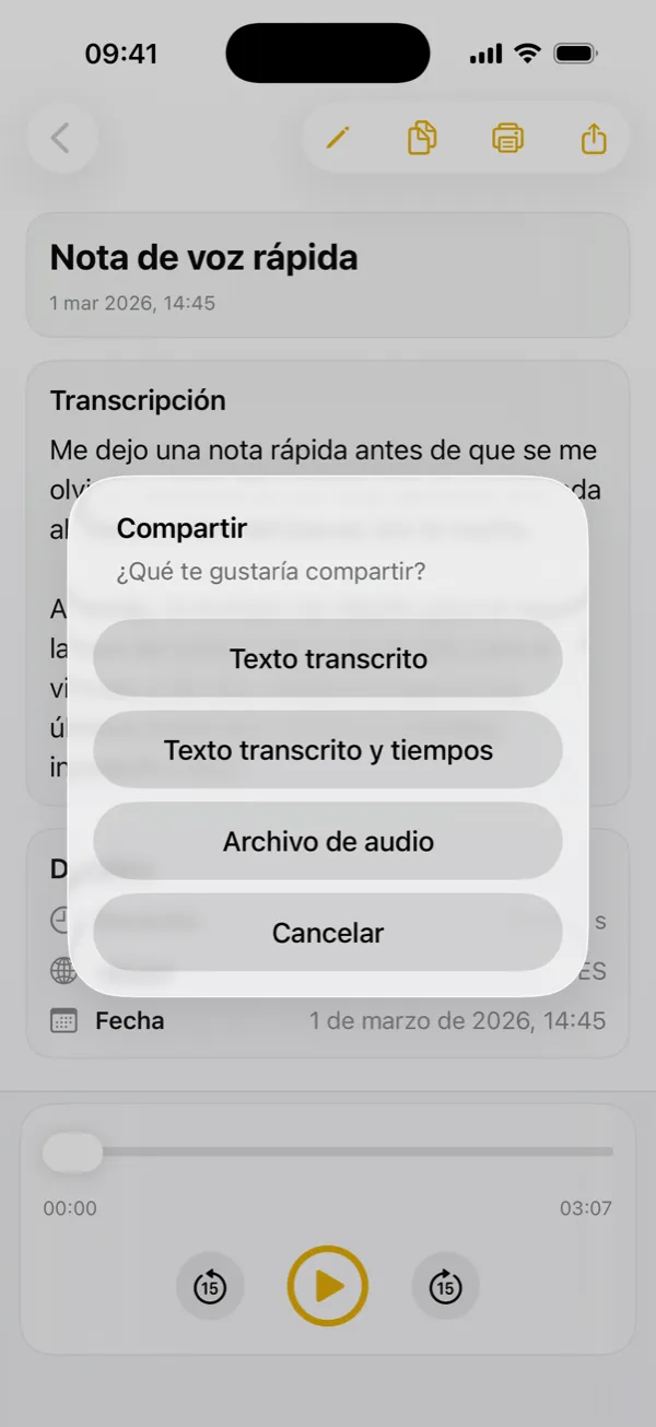 Compartir la transcripción, las marcas de tiempo o la grabación original